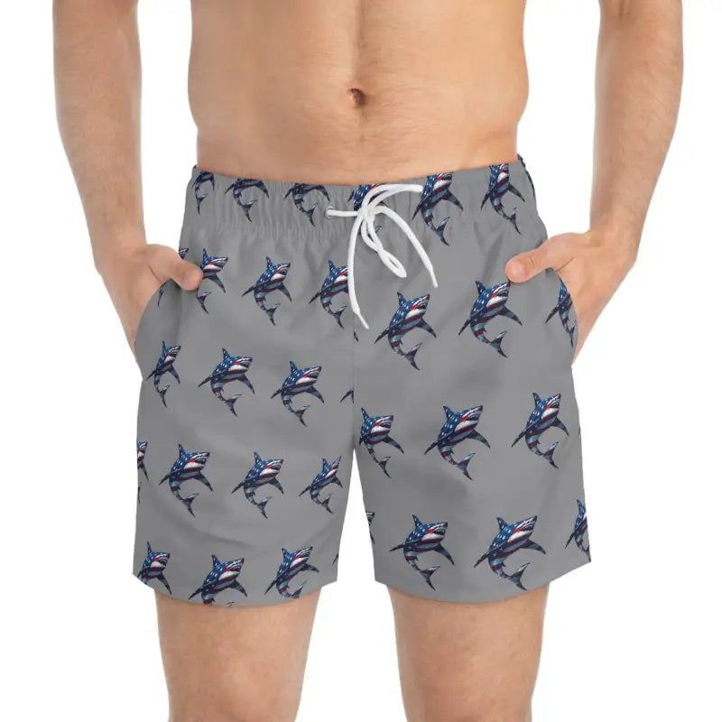 Gray Patriotic Shark Print Swim Trunks for Summer Fun - Ocean State Styles
