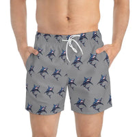 Gray Patriotic Shark Print Swim Trunks for Summer Fun - Ocean State Styles