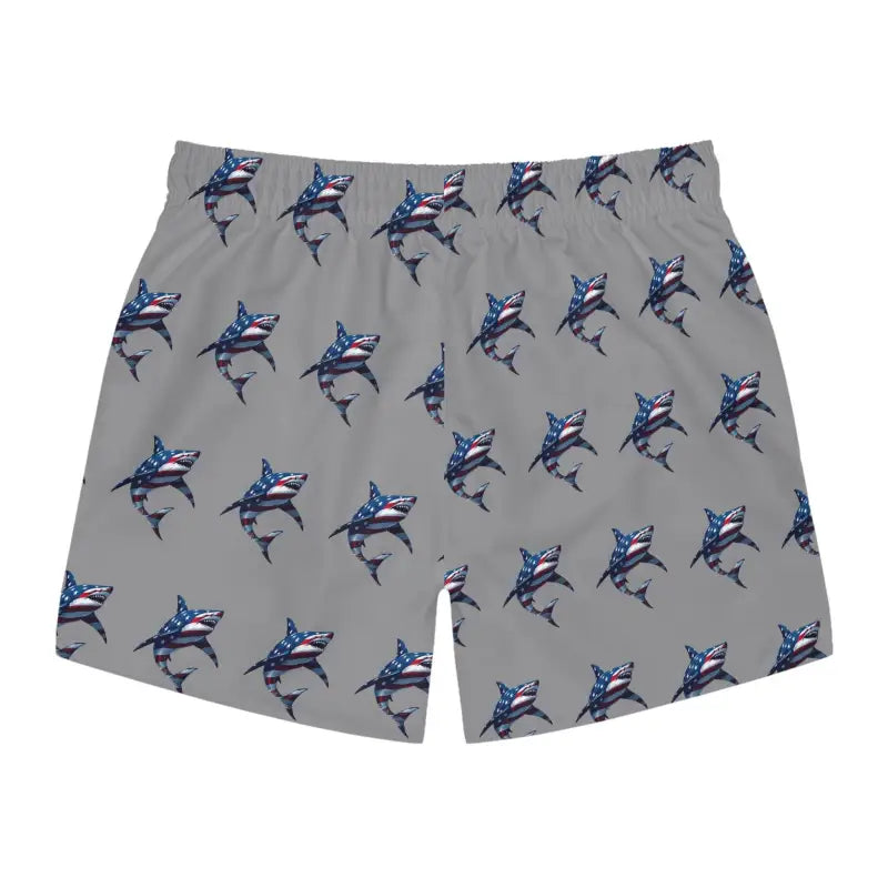Gray Patriotic Shark Print Swim Trunks for Summer Fun - Ocean State Styles