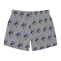 Gray Patriotic Shark Print Swim Trunks for Summer Fun - Ocean State Styles