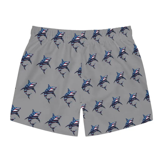 Gray Patriotic Shark Print Swim Trunks for Summer Fun - Ocean State Styles