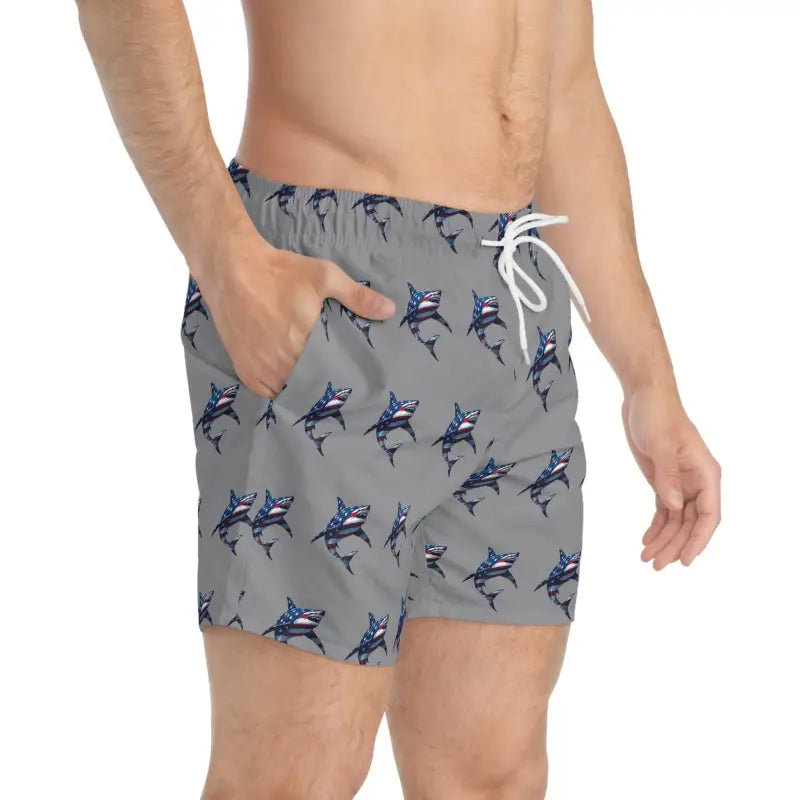Gray Patriotic Shark Print Swim Trunks for Summer Fun - Ocean State Styles