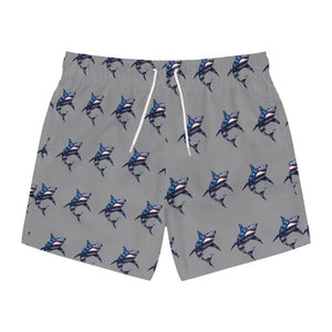 Gray Patriotic Shark Print Swim Trunks for Summer Fun - Ocean State Styles
