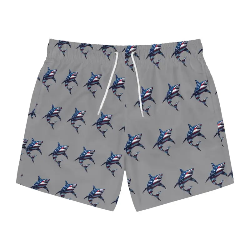 Gray Patriotic Shark Print Swim Trunks for Summer Fun - Ocean State Styles