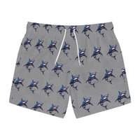 Gray Patriotic Shark Print Swim Trunks for Summer Fun - Ocean State Styles
