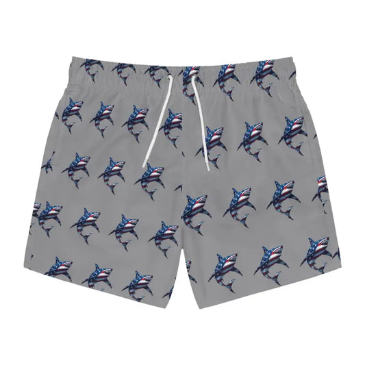 Gray Patriotic Shark Print Swim Trunks for Summer Fun - Ocean State Styles