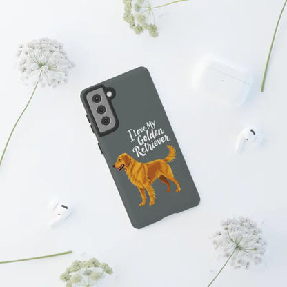 Gray phone case with golden retriever design for iPhone 16 Pro