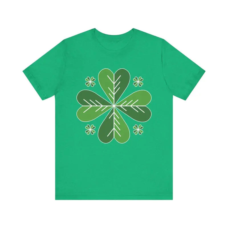 Heather Green Celtic Shamrock T Shirt featuring a clover design on a green background