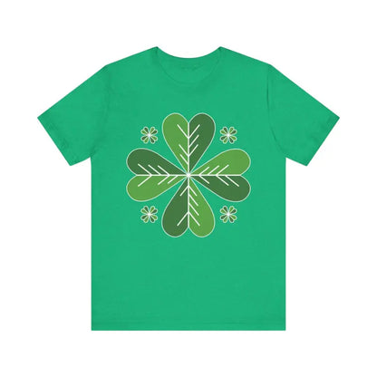 Heather Green Celtic Shamrock T Shirt featuring a clover design on a green background