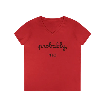 Heliconia V Neck T Shirt in Red Pink and Gray displayed on a white background