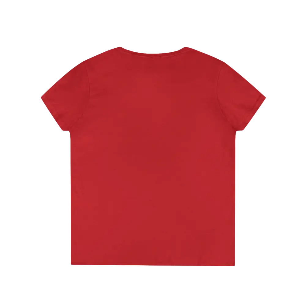 Heliconia V Neck T Shirt in Red, Pink, and Gray displayed on a neutral background