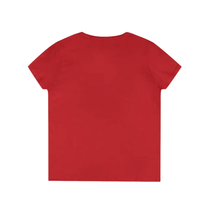 Heliconia V Neck T Shirt in Red, Pink, and Gray displayed on a neutral background