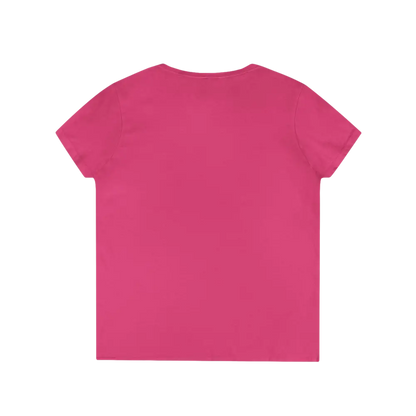 Fuchsia short-sleeved Heliconia V Neck T Shirt in Red Pink and Gray displayed
