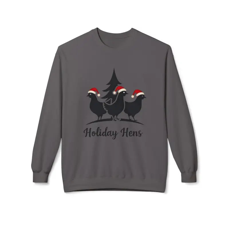 Gray Holiday Fleece Sweater featuring a festive hens design for seasonal fashion