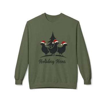 Olive green Holiday Fleece Sweater With Hens Design for stylish winter comfort