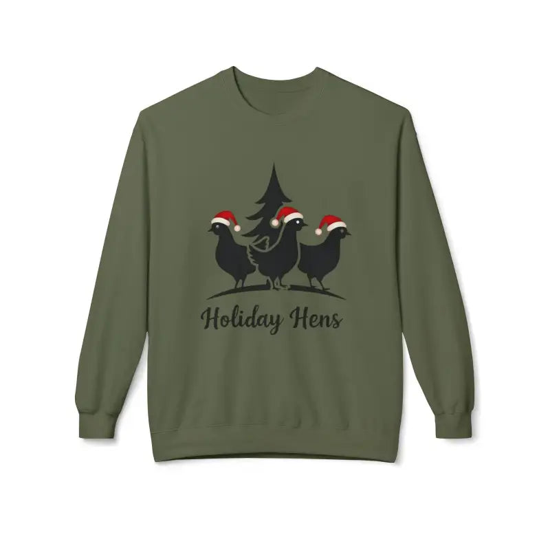 Olive green Holiday Fleece Sweater With Hens Design for stylish winter comfort