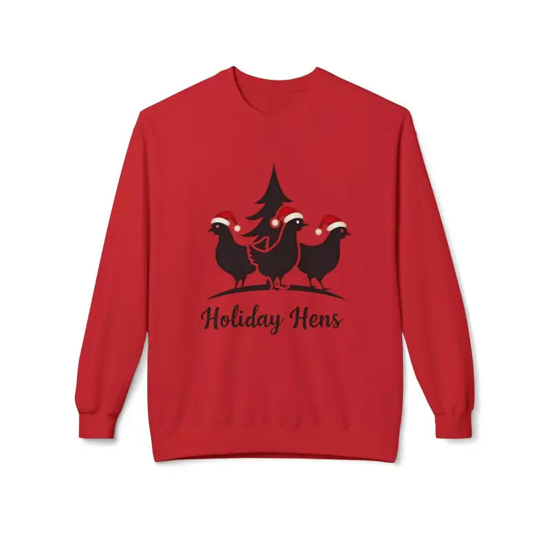 Red Holiday Fleece Sweater With Hens Design, perfect for festive celebrations