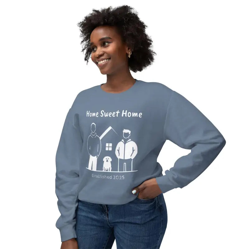 Blue sweatshirt featuring Home Sweet Home design for comfort and style
