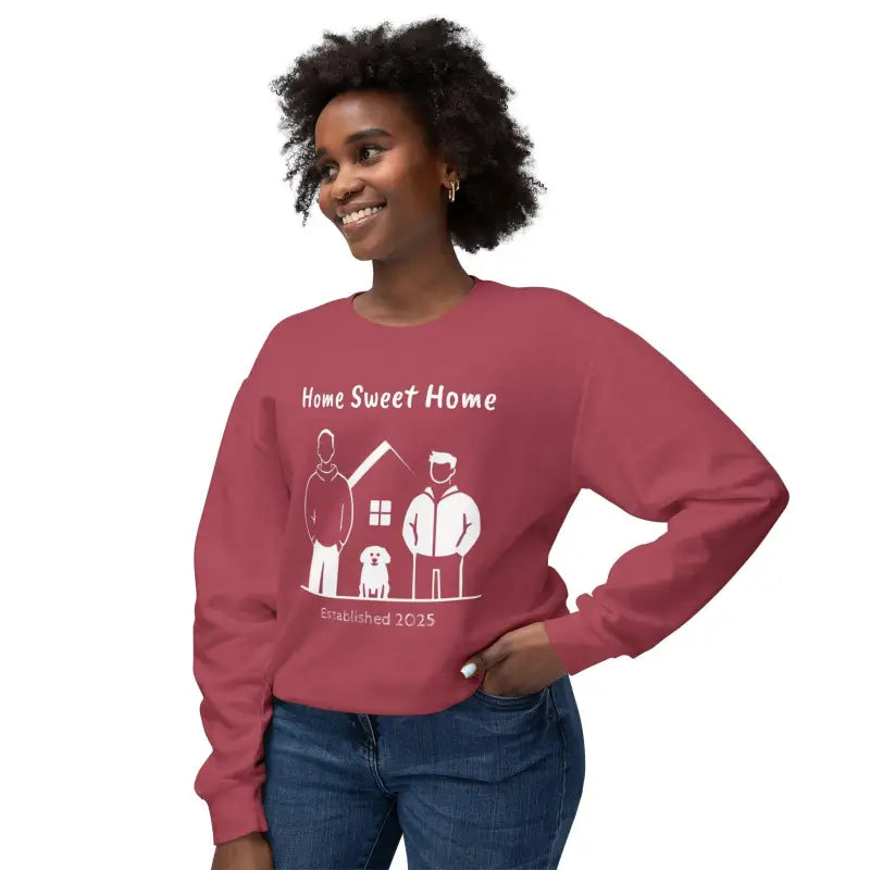 Burgundy sweatshirt featuring Home Sweet Home graphic in lightweight crewneck style