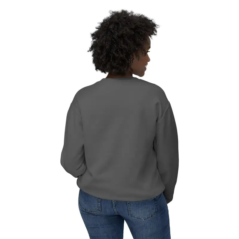 Gray sweatshirt paired with blue jeans from the Home Sweet Home Unisex Lightweight Crewneck Sweatshirt