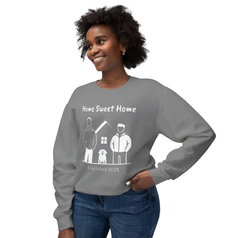 Gray sweatshirt featuring a family graphic from the Home Sweet Home collection