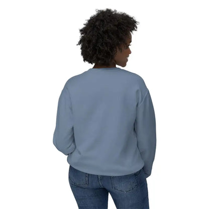 Woman modeling Home Sweet Home Unisex Lightweight Crewneck Sweatshirt in blue