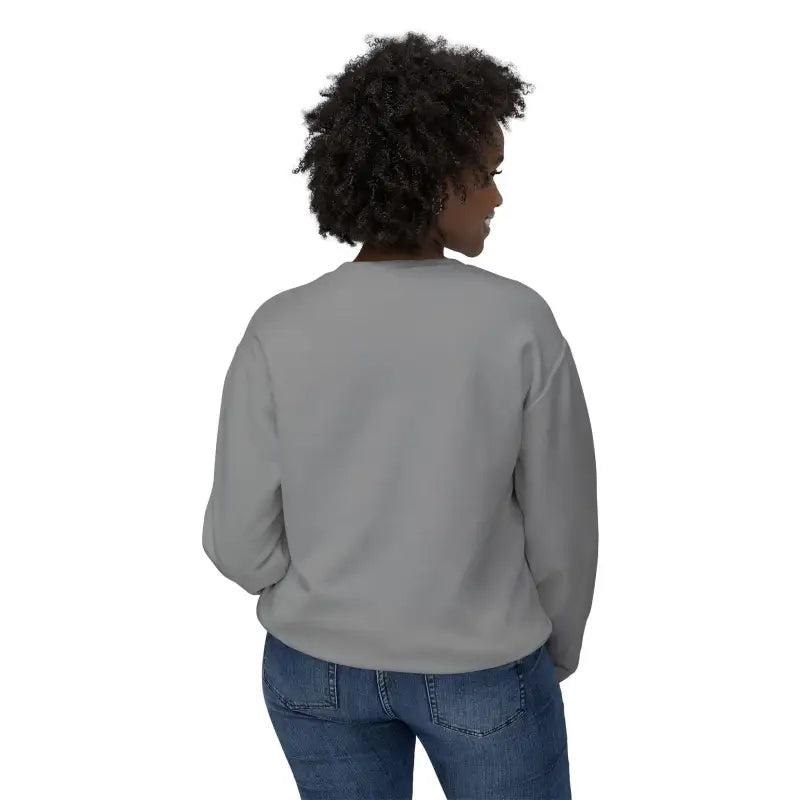 Woman in gray sweatshirt and jeans showcasing Home Sweet Home Unisex Lightweight Crewneck