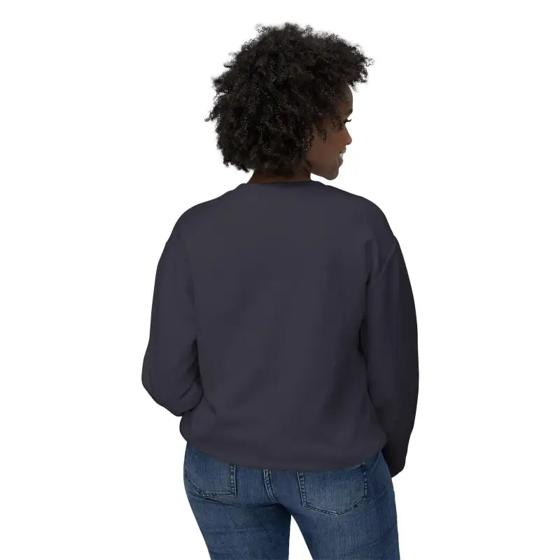 Woman modeling a navy Home Sweet Home Unisex Lightweight Crewneck Sweatshirt