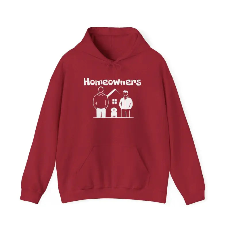 Red hoodie featuring Homeowners graphic on a unisex hooded sweatshirt