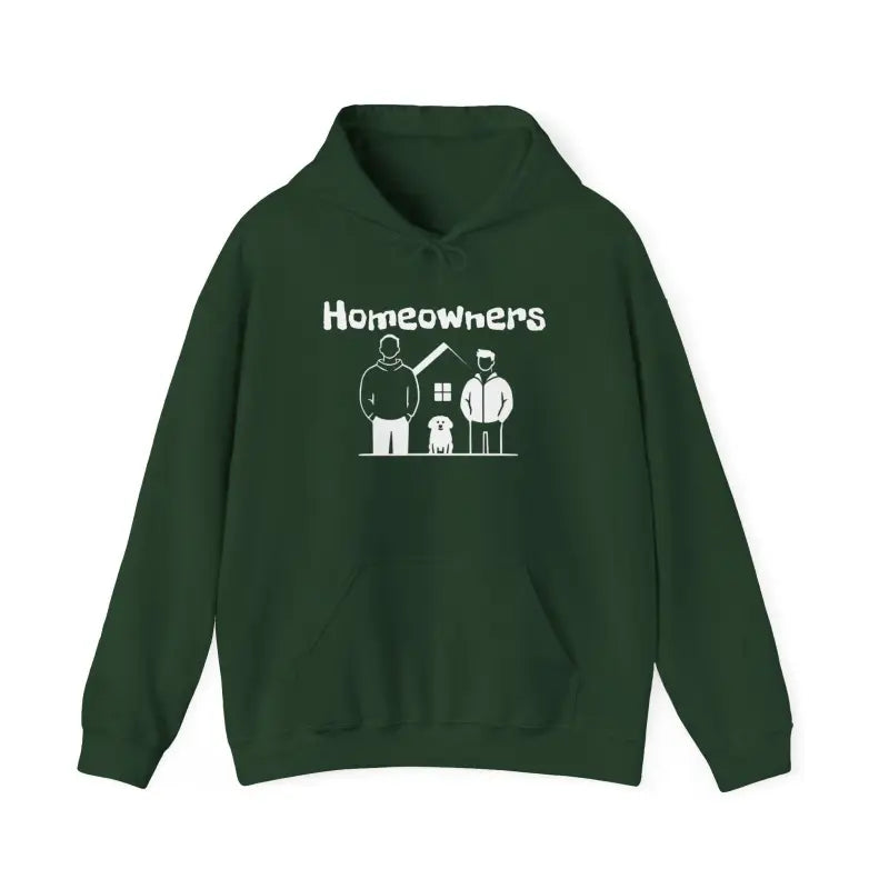 Green hoodie featuring Homeowners graphic from the Homeowners Unisex Hooded Sweatshirt