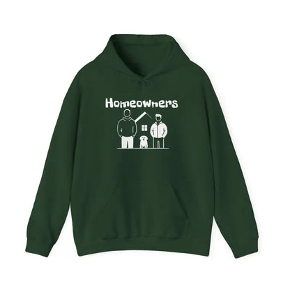 Green hoodie featuring Homeowners graphic from the Homeowners Unisex Hooded Sweatshirt