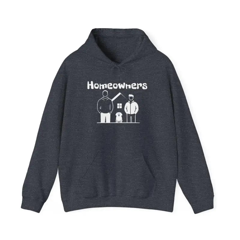 Gray hoodie featuring a Homeowners graphic from the Homeowners Unisex Hooded Sweatshirt