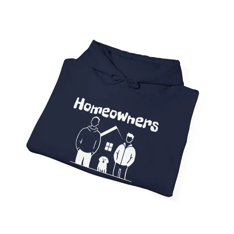 Folded navy blue hoodie from Homeowners Unisex Hooded Sweatshirt collection