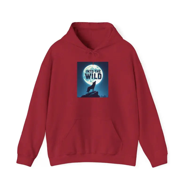 Red hoodie featuring a wolf graphic from the Howling Moon Wolf Hoodie collection
