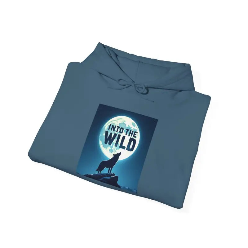 Folded blue hoodie featuring wolf and moon graphic from Howling Moon Wolf Hoodie