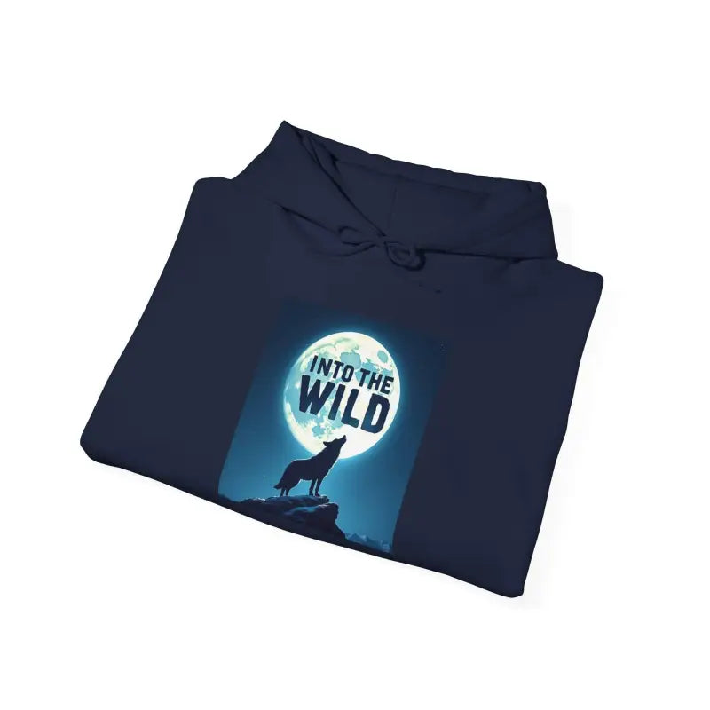 Folded navy Howling Moon Wolf Hoodie featuring a striking wolf design