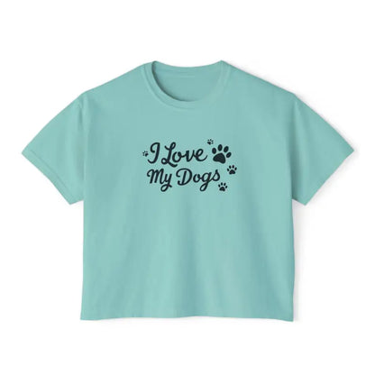 Aqua women’s boxy tee featuring I Love My Dogs text design for dog lovers