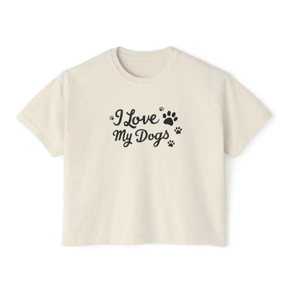 Beige I Love My Dogs Boxy Tee for Women featuring expressive dog-loving text