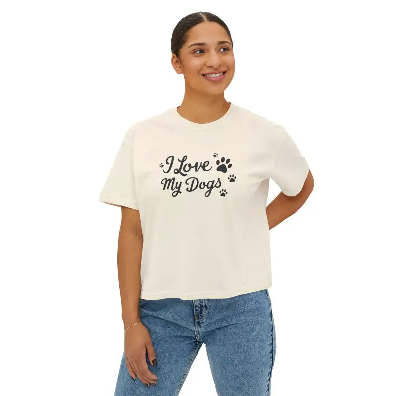 Woman showcasing I Love My Dogs Boxy Tee for Women in a casual setting
