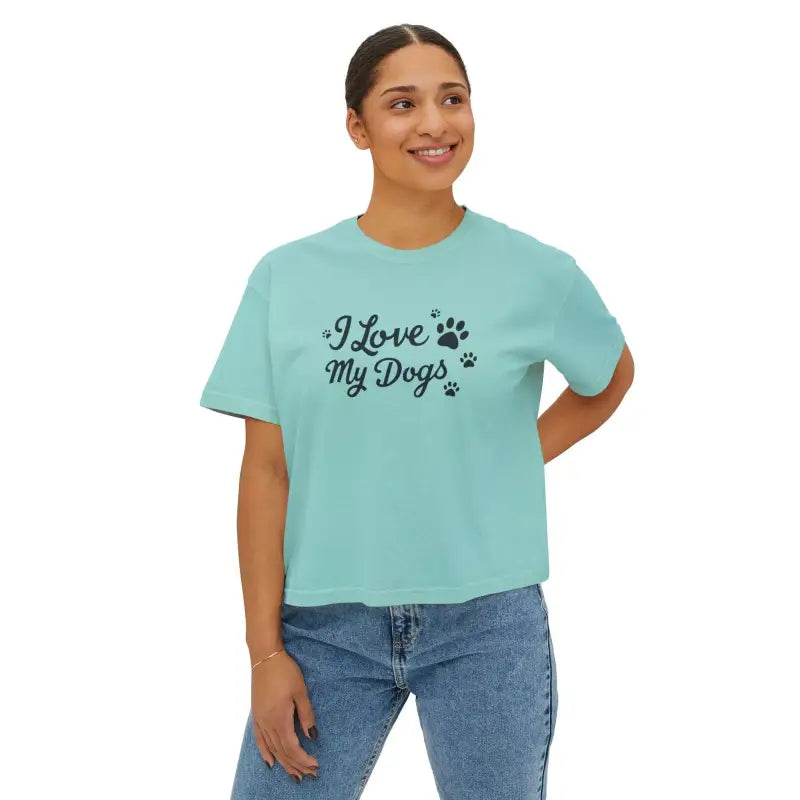 Woman in a light blue I Love My Dogs Boxy Tee for Women showcasing dog love