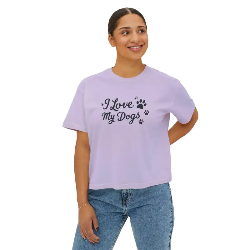 Woman wearing I Love My Dogs Boxy Tee showcasing her love for dogs