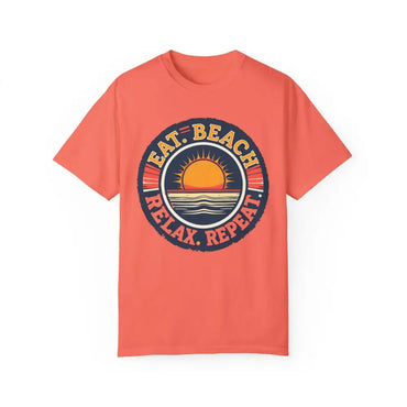Coral t-shirt featuring a beach graphic from the Island Reef Eat Beach Relax Repeat Tee
