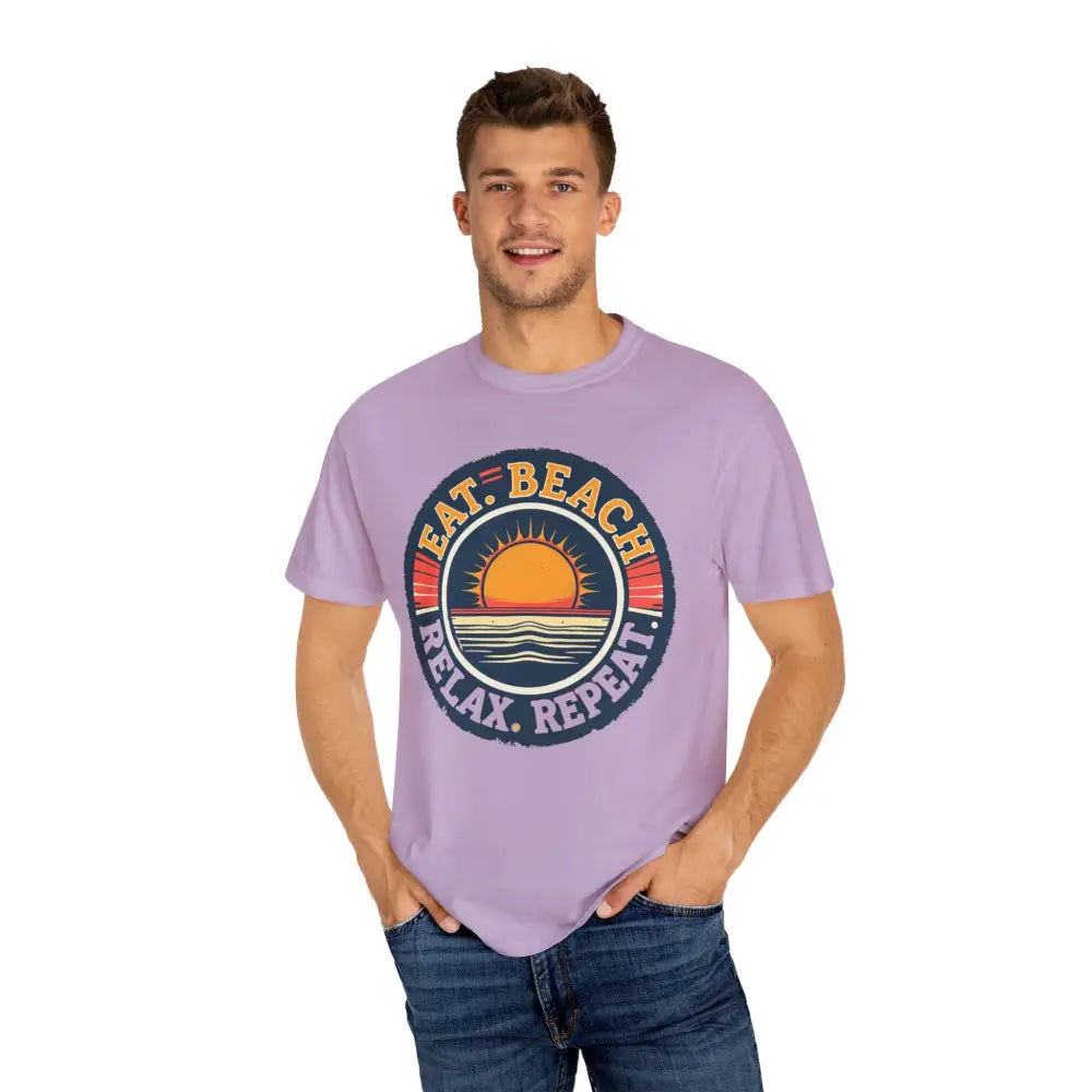 Lavender t-shirt featuring beach graphic from Island Reef Eat Beach Relax Repeat collection