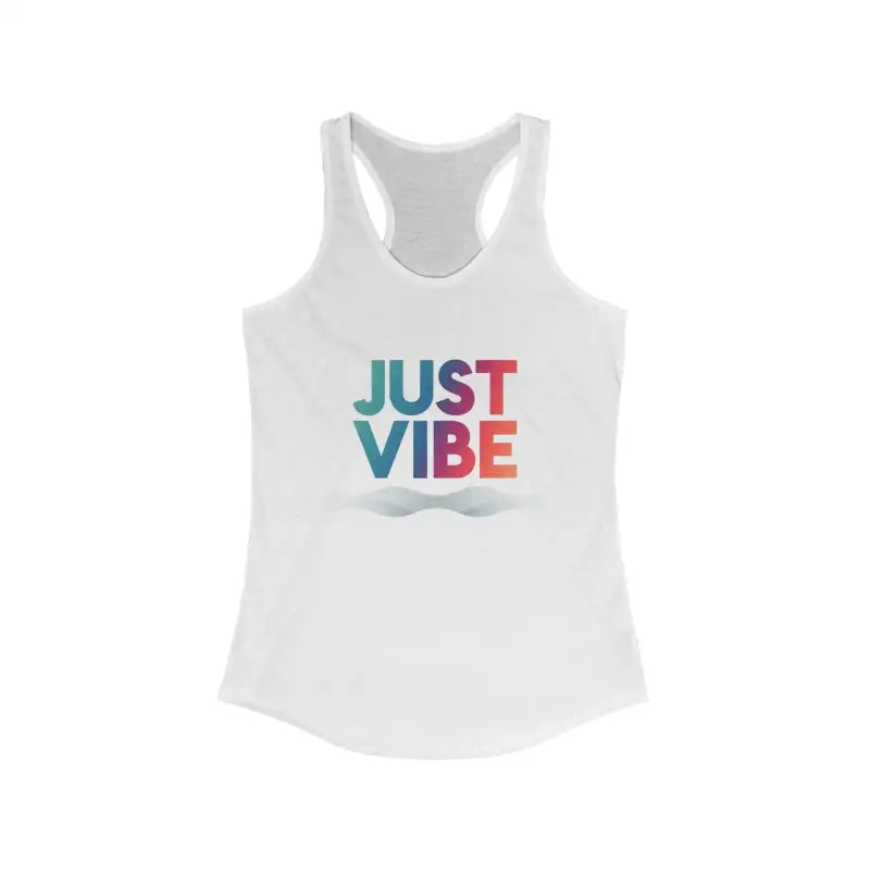White tank top featuring Just Vibe text from the Just Vibe Women Tank Top Collection