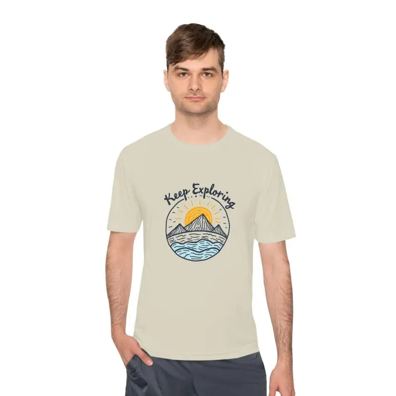 Beige Keep Exploring Unisex Quick Dry T-Shirt featuring an adventurous graphic design
