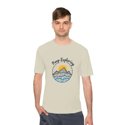 Beige Keep Exploring Unisex Quick Dry T-Shirt featuring an adventurous graphic design