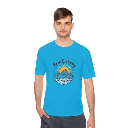 Blue t-shirt featuring mountain graphic from Keep Exploring Unisex Quick Dry T-Shirt