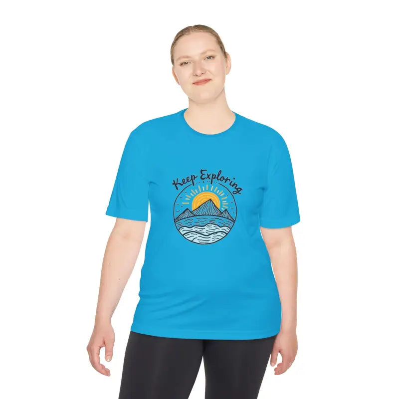 Blue Keep Exploring Unisex Quick Dry T-Shirt featuring a mountain graphic design