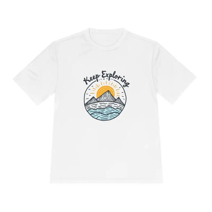 White Keep Exploring Unisex Quick Dry T-Shirt featuring a nature graphic design