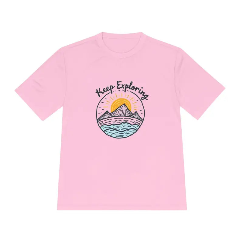 Pink Keep Exploring Unisex Quick Dry T-Shirt featuring mountain and sun graphic design